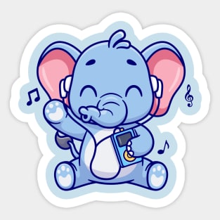 Cute Elephant Listening Music With Earphone Cartoon Sticker